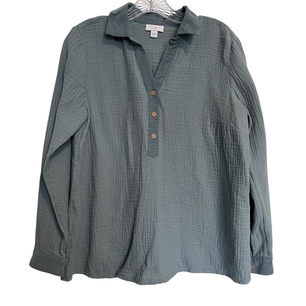 J. JILL Sz S Top Sage Green Henley V-Neck 100% Cotton Gauze Collared Wood Button